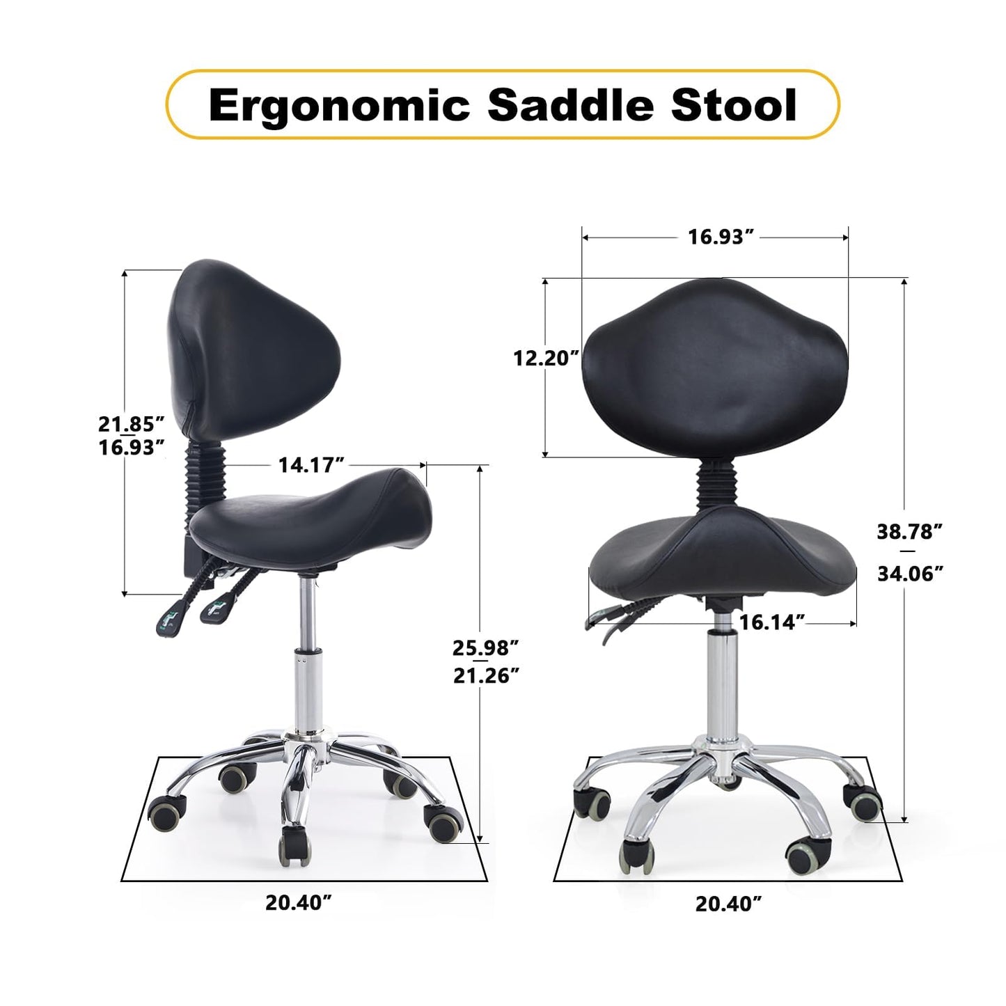 CAISHI Saddle Stool with Wheels Ergonomic Rolling Chair for Nail Tattoo Artist Barber Dentist Clinic Shop Home Massage Facial Office,Adjustable Hydraulic Stool (Black)