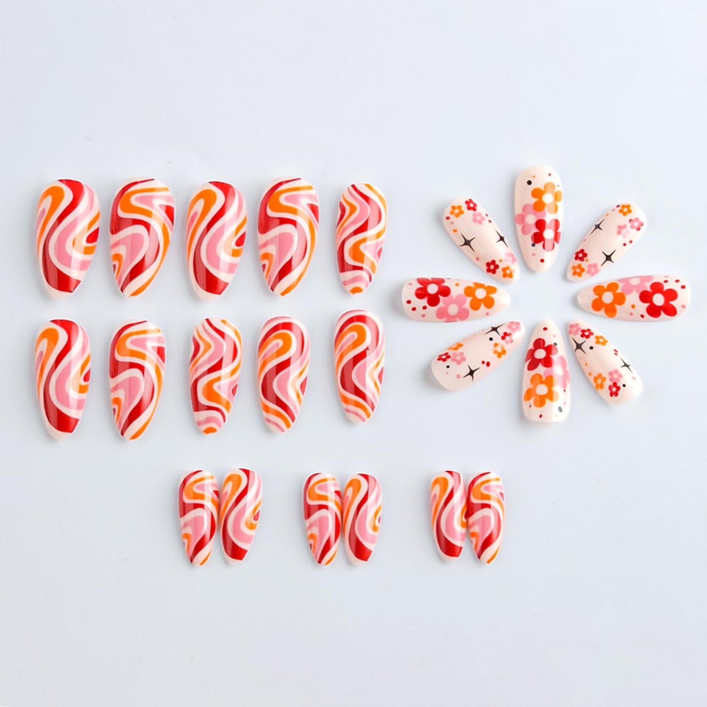 Cute Flower Press on Nails Colorful Swirl Stripe Fake Nails Long Almond Acrylic Glue on Nail Glossy Full Cover False Nail for Women