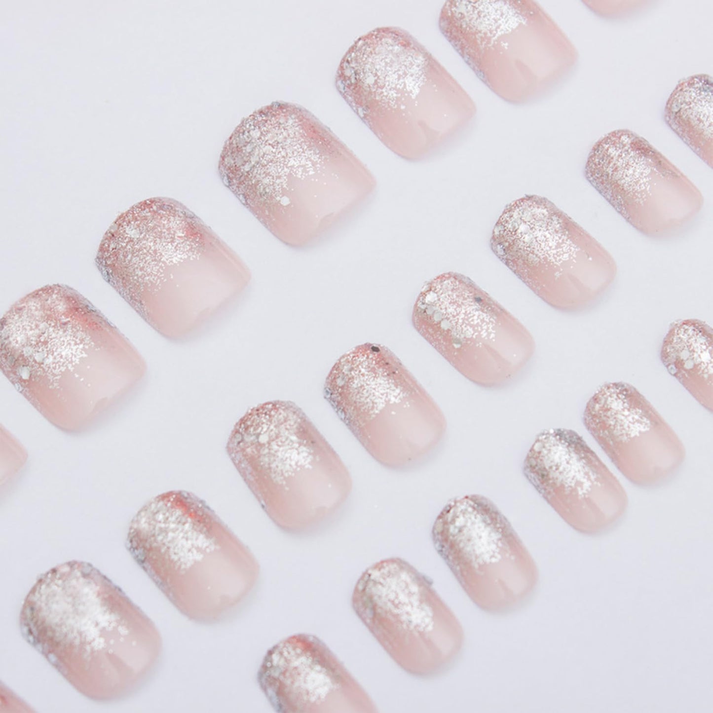 Glitter French Tips Press on Nails Short Square Silver Glitter Designs Full Cover Glossy Reusable Acrylic Stick on Fake Nails for Women Girls Daily Wear Nails Decoration 24Pcs