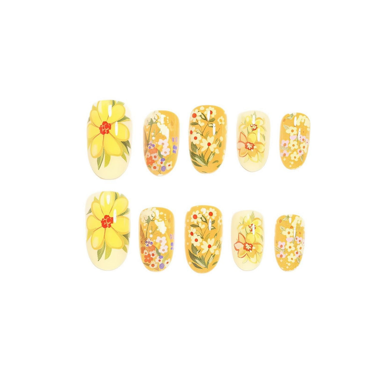 Summer Press on Nail Yellow Fake Nails with Floral designs Daisy False Nails Full Cover Medium Length Round Press ones Glossy Cute Glue on Nails for Women Manicure Decor24pcs