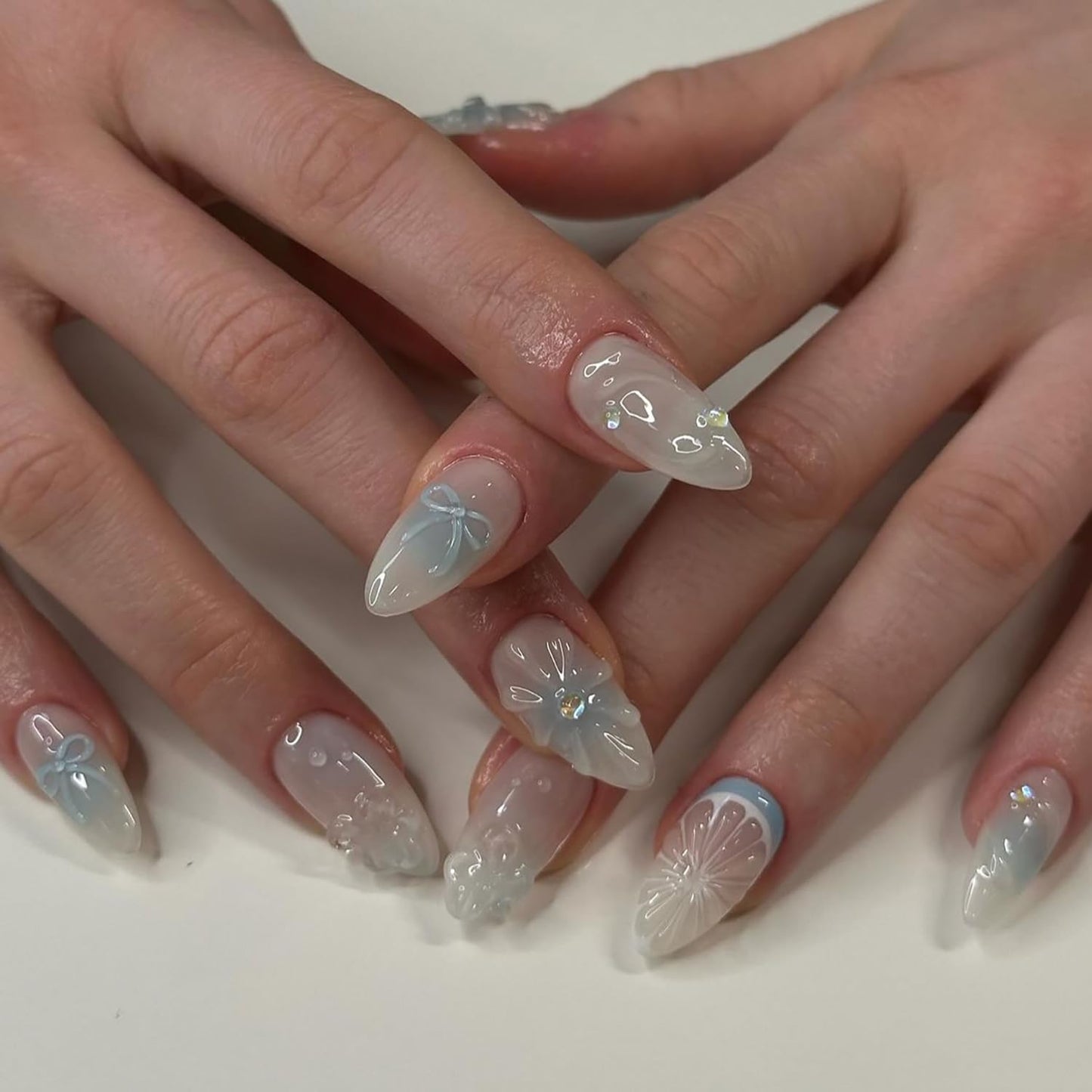 RIICFDD Press on Nails Short Fake Nails Almond False Nails Blue Ombre Nails Press ons Bow Lemon Stick on Nails Rhinestone Nail Charms Full Cover Glossy Glue on Nails for Women Nail Art 24 Pcs