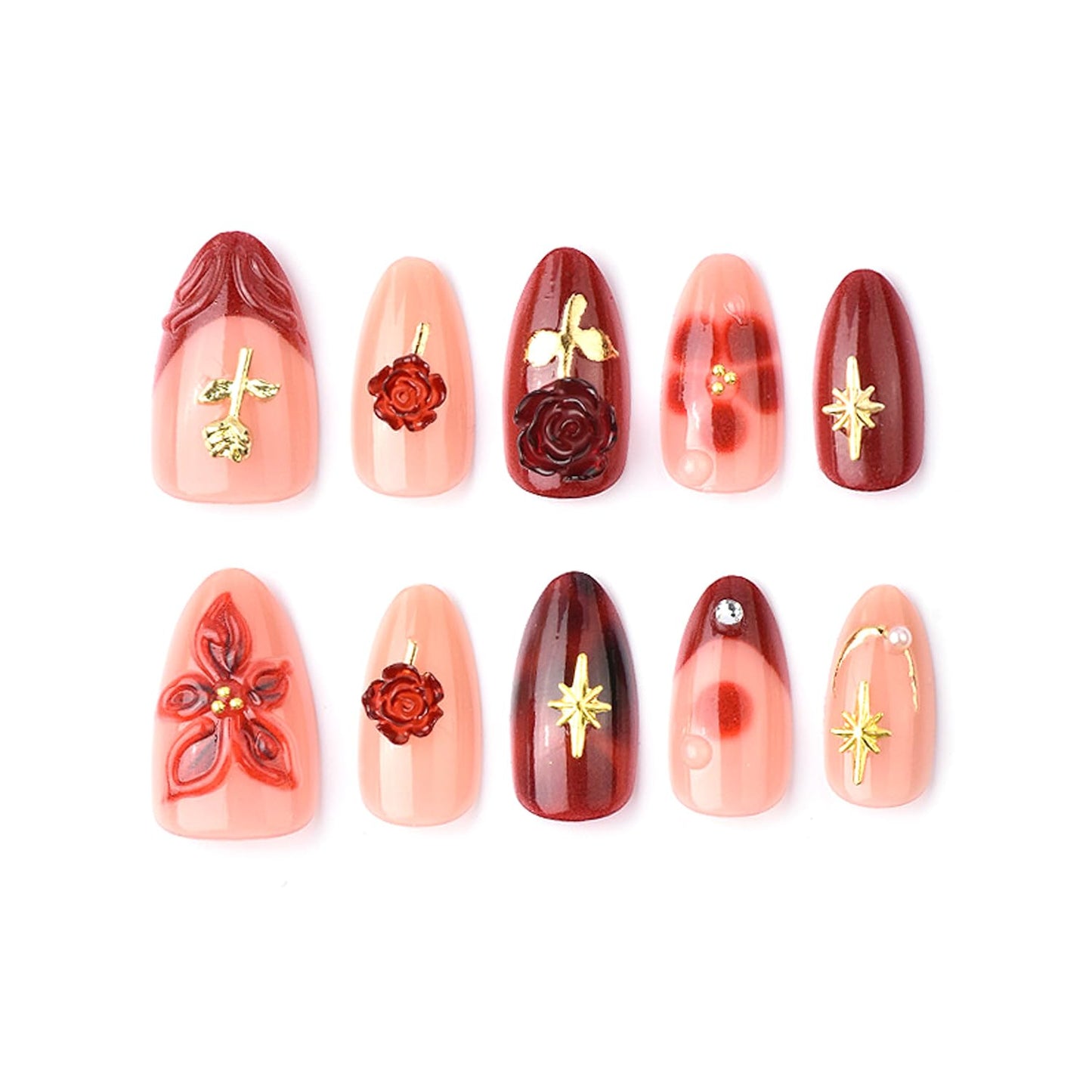 30Pcs Red Flower Press on Nails Short Almond French Tip Fake Nails with Rhinestone Pearls Designs 3D Rose Floral Star False Nails Nude Glossy Full Cover Reusable Valentines Glue on Nails for Women