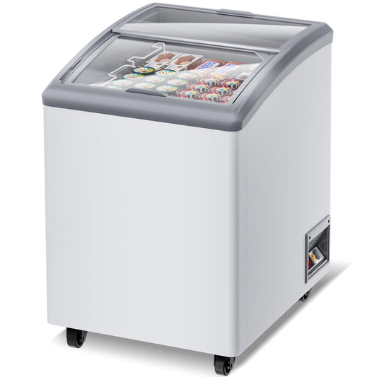 23 Inch Commercial Freezer Commercial Ice Cream Freezer Display Case with 2 Removable Wire Baskets & 2 Sliding Glass Doors - White Commercial Refrigerator for Shop Use 5.5Cu.Ft.