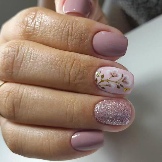 Taoyisent Nude Pink Press On Nails Short Square Glossy, Floral Glitter Fake Nails with Elegant Blossom Design, Reusable Full Cover Stick On Nails for Women Wedding Office Daily Wear, 24PCS