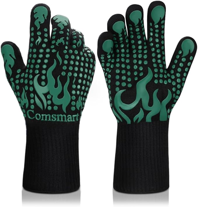 Comsmart BBQ Gloves, 1472Â°F Heat Resistant Grilling Gloves Silicone Non-Slip Oven Gloves Long Kitchen Gloves for Barbecue, Cooking, Baking, Short, Green