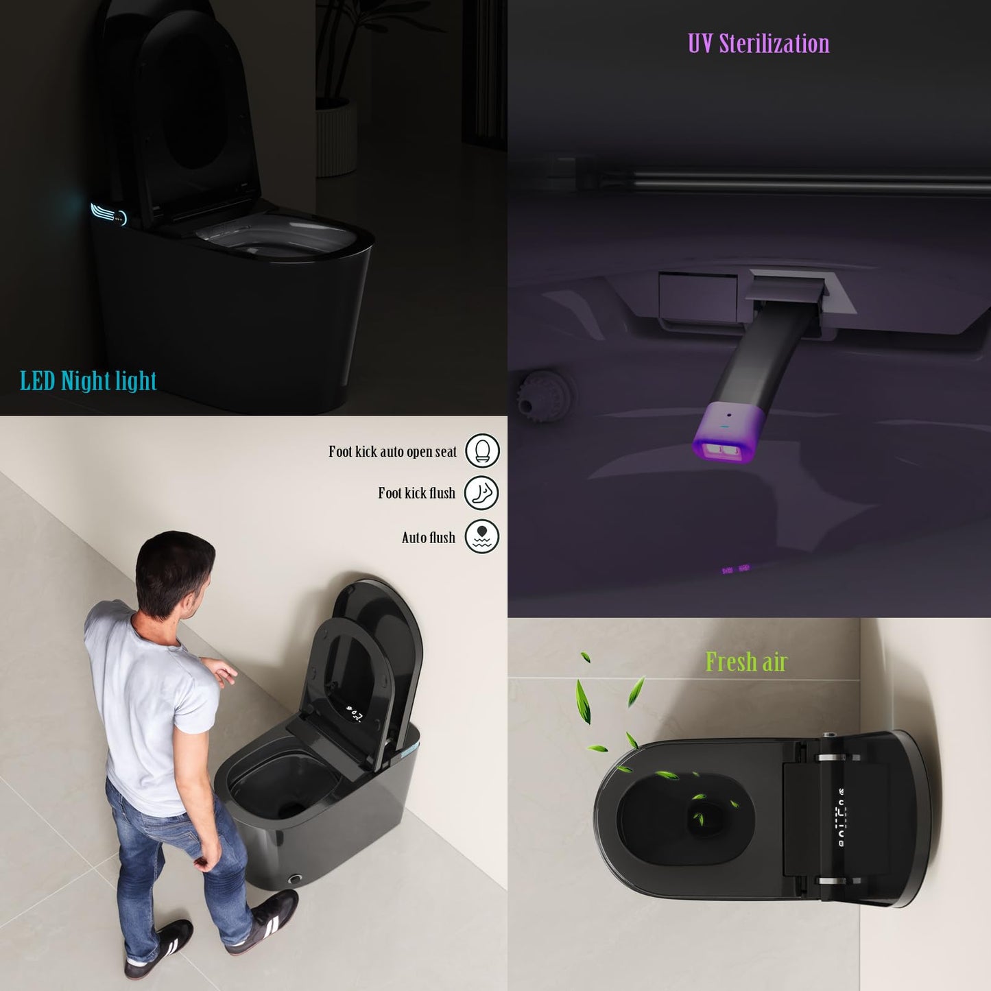 Black Smart Toilet with Auto Open/Close Lid, Modern Intelligent Tankless One Piece Toilet with Bidet Built In, Warm Water, Warm Air Drying, Self-Cleaning Heated Seat Toilet with Remote Control.