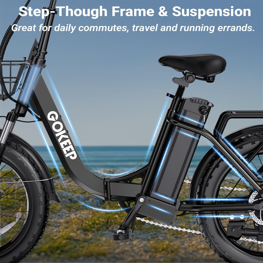 GOKEEP 1300W Folding Electric Bike, 75 Miles PAS Range, 52V 13Ah Removable Battery, 20" Fat Tire & Front Suspension Electric Bicycles, 20MPH 7-Speed Commuter Ebike, Max 330LBS, UL2849 Certified, Black