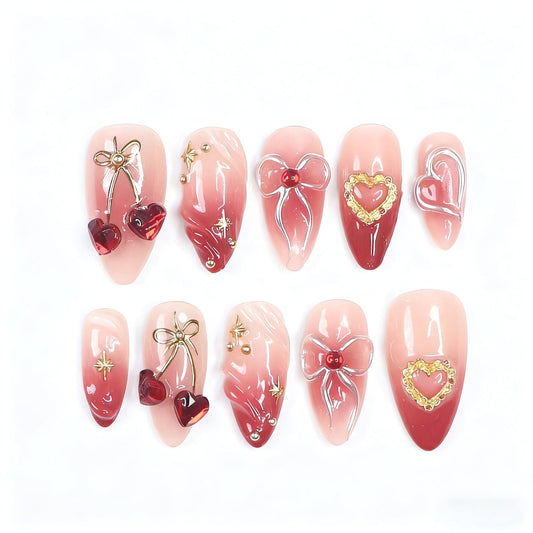 30Pcs Valentine Press on Nails Medium Almond Fake Nails Press on 3D Rhinestone Star Design Red Cherry False Nails Bow Heart Full Cover Red Smudge Acrylic Glue on Nails for Women Festive Nail Art Decor