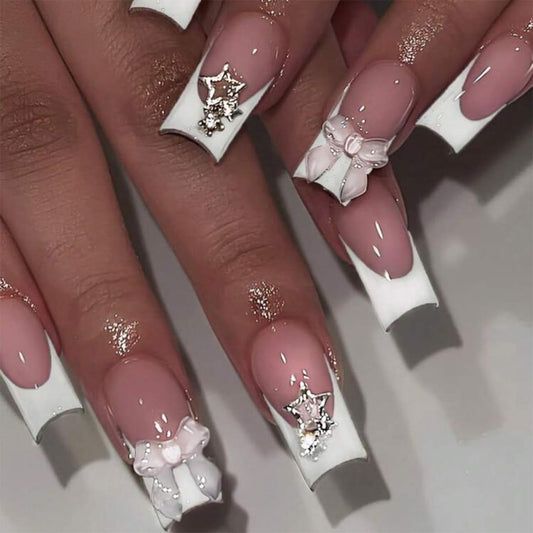 Medium Square Shaped Press on Nails White French Tip Fake Nails 3D Bow Star Design Nude Color French Nail Tips Almond Shape Press ons Cute Bow Stick on Nails for Women Daily Wear 24Pcs