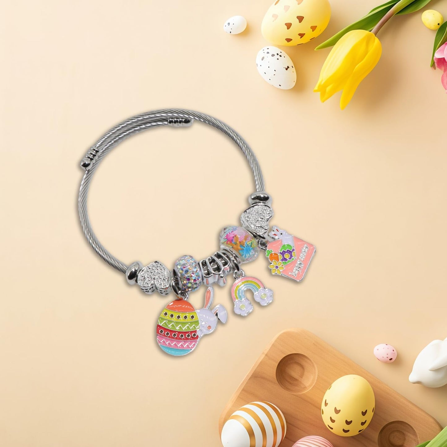 QMWKVNC Easter Charm Bracelets for Womens,Exquisite Cute Cartoon Friendship Silver Bracelets Stainless Steel Bangle, Womens Jewelry Suitable for Holiday Gifts and Birthday Gifts