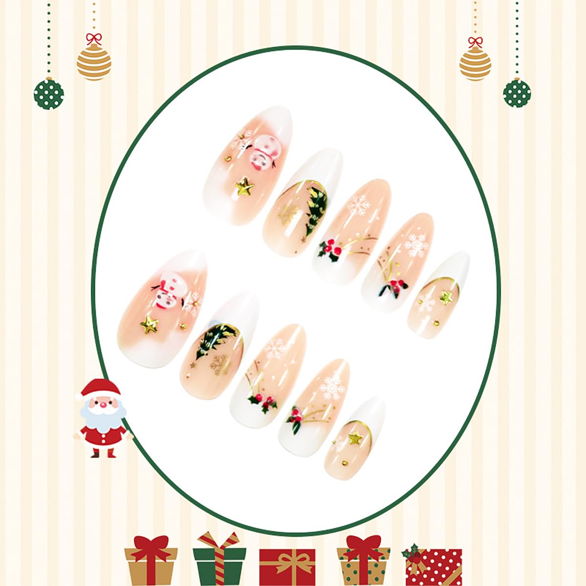 24Pcs Christmas Press on Nails Medium Almond Fake Nails 3D Star Xmas Tree Holly Snowmen Design Winter Glue on Nails French Tip False Nails Gold White Snowflake Acrylic Stick on Nail for Women Manicure