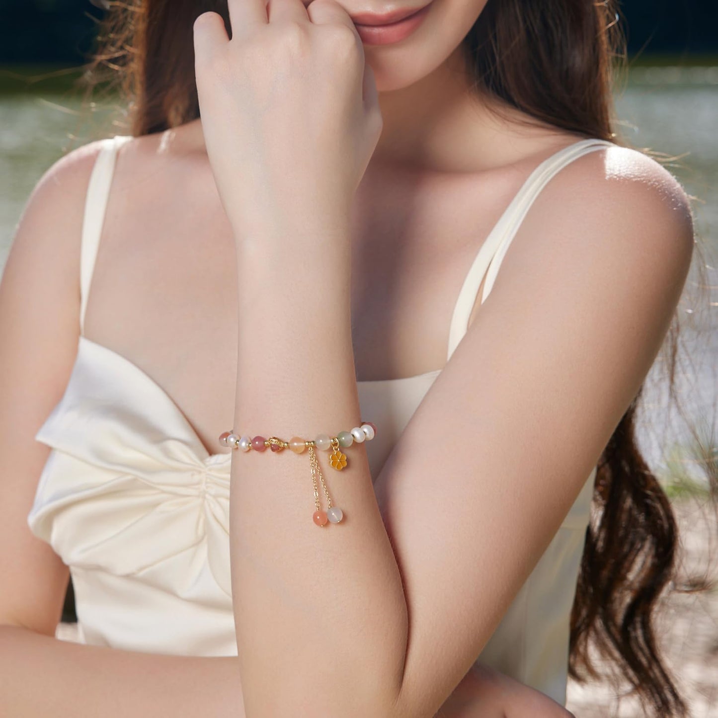 ZHOU LIU FU Sterling Silver Beaded Bracelets for Women Silver Agate Pearl Colorful Gemstone Bead Heart Flower Stretch Bracelet Mom Birthday