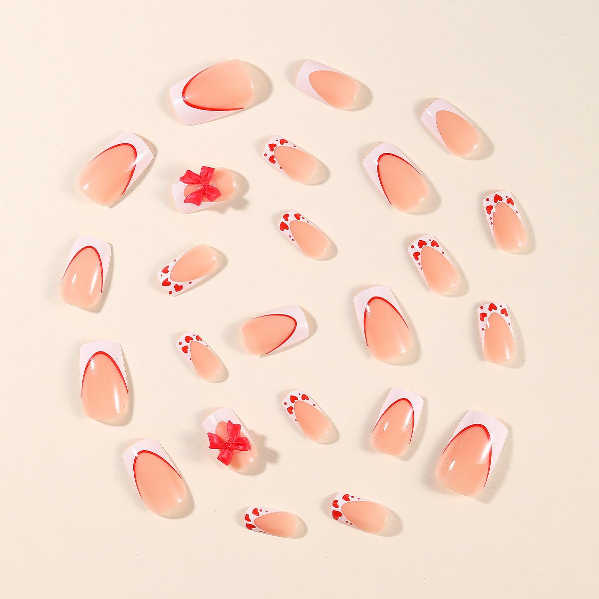 24Pcs Valentine's Day French Tip Press on Nails Medium Coffin Bow Fake Nails with Red Rhinestones Design Nude Pink False Nails Full Cover Artificial Glue on Nails Valentines Stick on Nails for Women