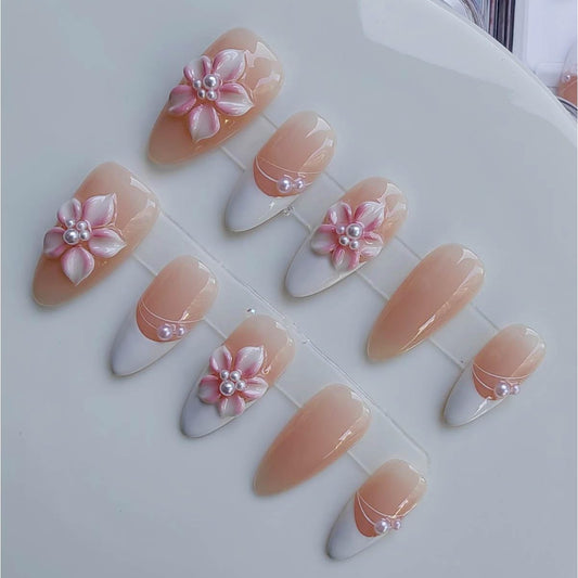 Gleamrain Almond Press on Nails Medium Handmade French Tip Cute Stick on Nails with Flower and Pearl Design Cherry Blossom Pink Fake Nail for Women and Girls Spring Or Summer 10pcs M Size P22