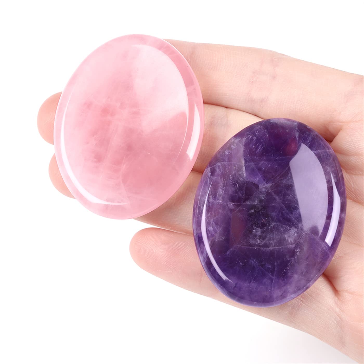 YATOJUZI Thumb Worry Stones for Anxiety Stress Relief Items Healing Crystals Natural Amethyst Rose Quartz Crystal Palm Pocket Stone Gemstones Meditation Reiki Spiritual Gifts for Women Men 2PCS