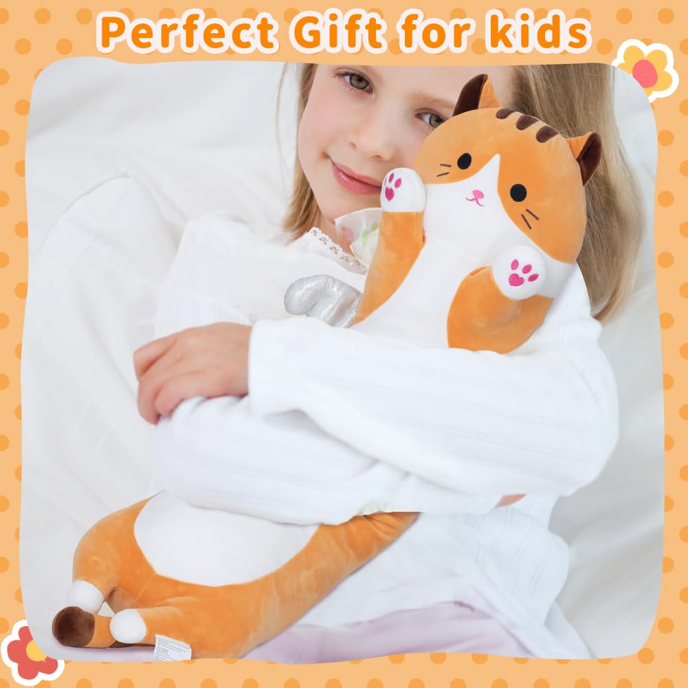 SNOWOLF Cute Long Cat Plush Body Pillow, Kawaii Cat Plushie Toys Cuddle Cartoon Stuffed Animals Soft Kitten Throw Pillow Doll Gift for Kids Girls Boys (43.3", Orange)