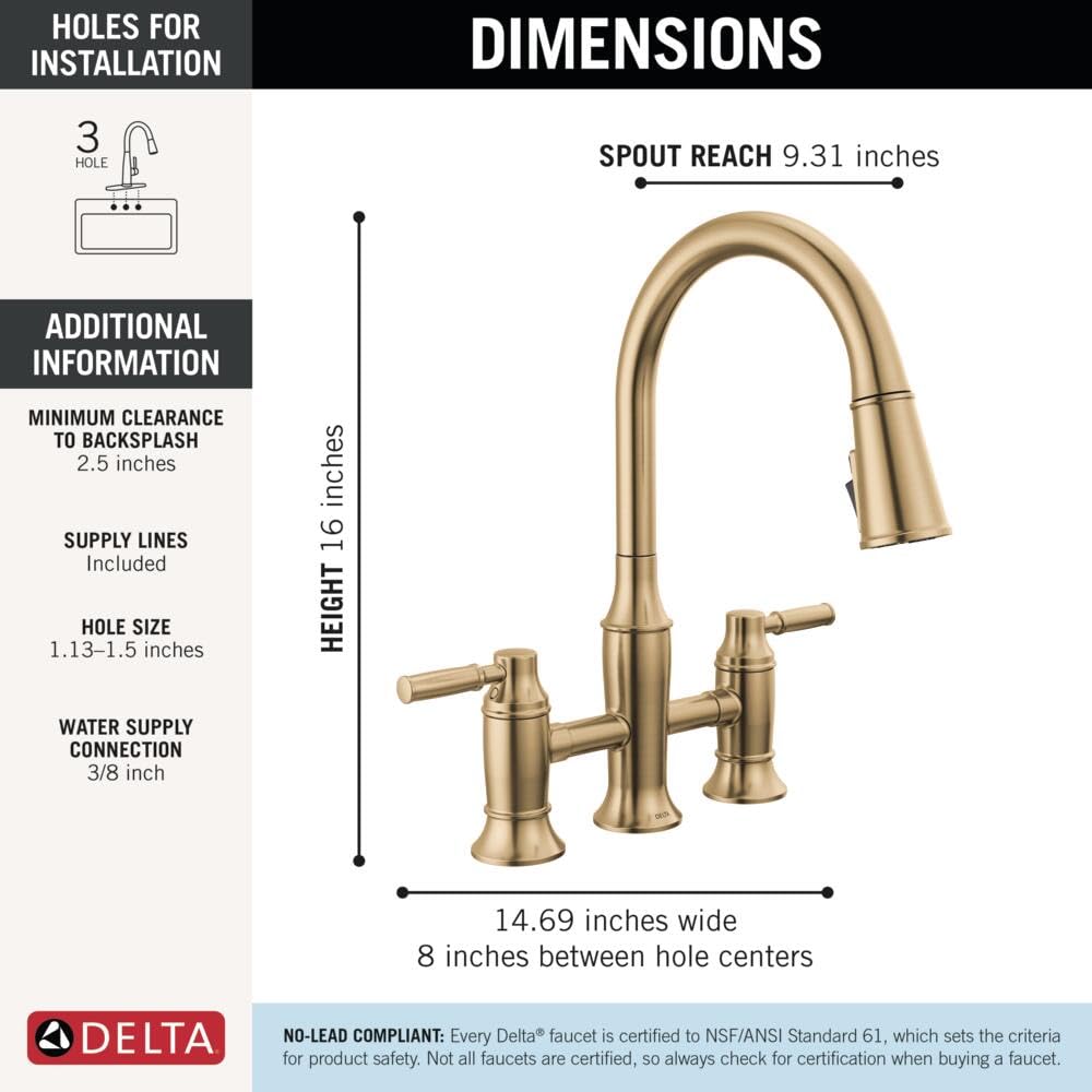 Delta Renaldi Brushed Gold Kitchen Faucet with Pull Down Sprayer, Bridge 3 Hole Modern Kitchen Sink Faucet, Two-Handle, Lumicoat Champagne Bronze 2384L-CZ-PR-DST