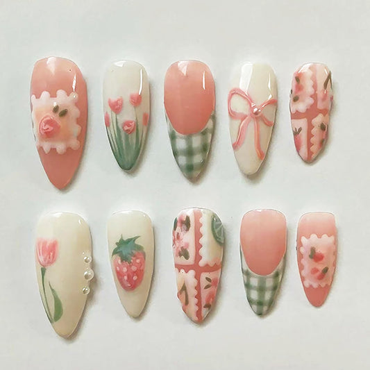 30Pcs Spring Press on Nails Medium Almond Green Plaid French Tip Fake Nails with Pearl Designs Cute Strawberry Bow Acrylic Nails Spring Flower False Nail Tulip Full Cover Glue on Nails for Women