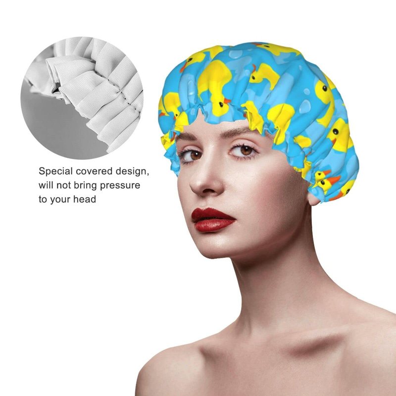 Rubber Duck Shower Cap for Women Reusable Double Layers Waterproof Shower Hair Protector PEVA Lined Shower Hat for All Long Hair Lengths, Stretchy Adjustable Shower Caps