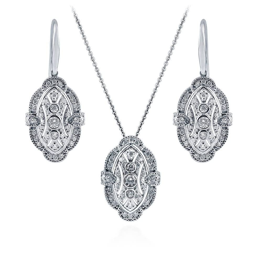 BERRICLE Sterling Silver Vintage Inspired Art Deco Cubic Zirconia CZ Milgrain Fashion Necklace and Earrings Set for Women, Rhodium Plated