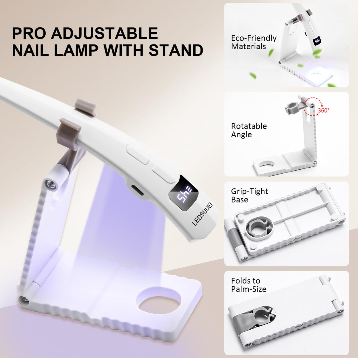UV Nail Lamp for Gel Polish LEDSUUEI, [2-in-1 Dual-Zone]Handheld UV Light for Gel Nails, 400mAH Rechargeable Portable LED Display Nail Lamp Fast Flash Cure Nail Dryer for DIY Deco Manicure Home Travel