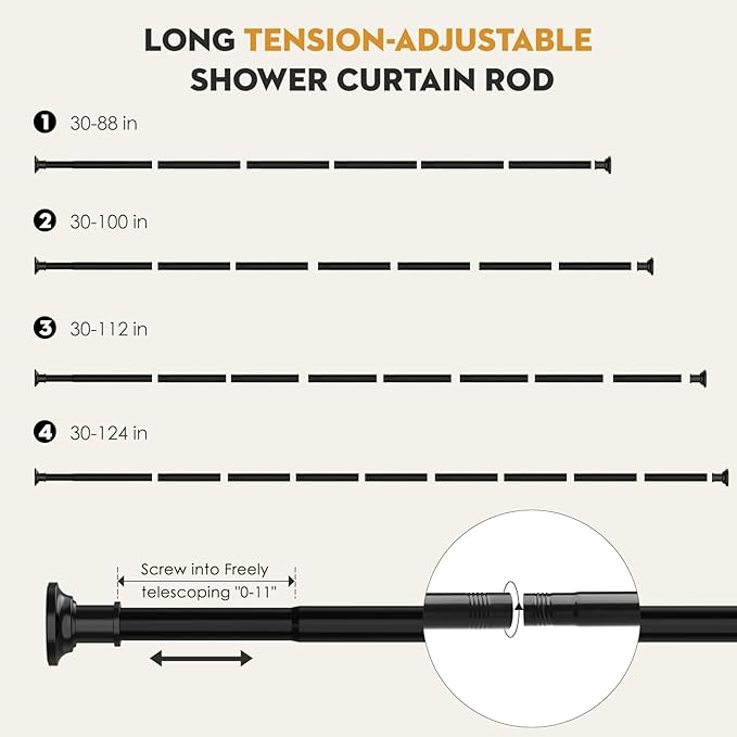 Black Tension Shower Curtain Rod 1.1" Diameter Heavy Duty Stainless Steel Adjustable Spring Tension Rods 30 to 88 inch No Drill Shower for Bathroom Windows Outdoor No Slip No Rust