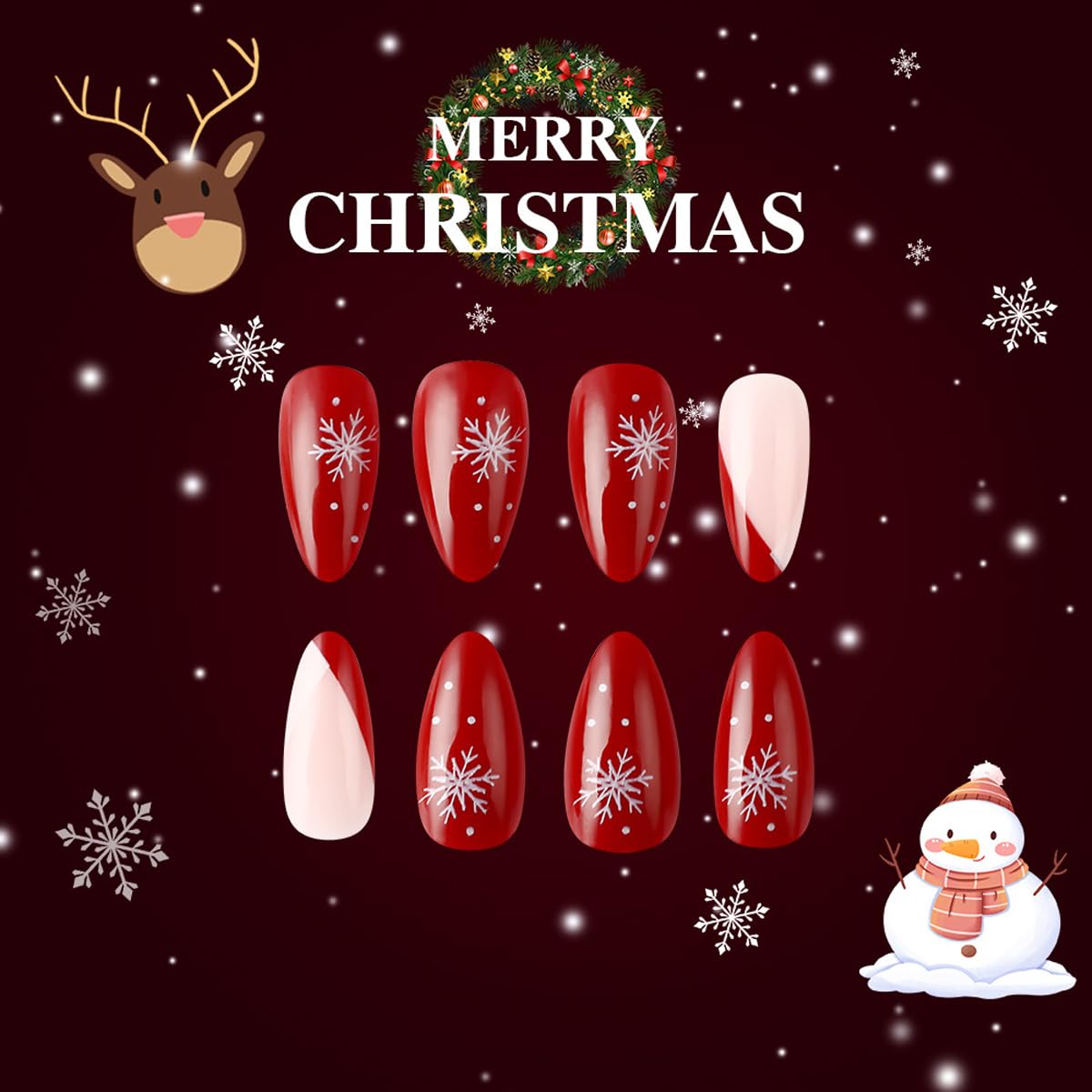 Christmas Press On Nails Medium Almond Fake Nails Snowflake With Plaid Design French Tip False Nails Full Cover Xmas Acrylic Glue On Nail Winter Stick On Nail For Women Manicure Art 24pcs