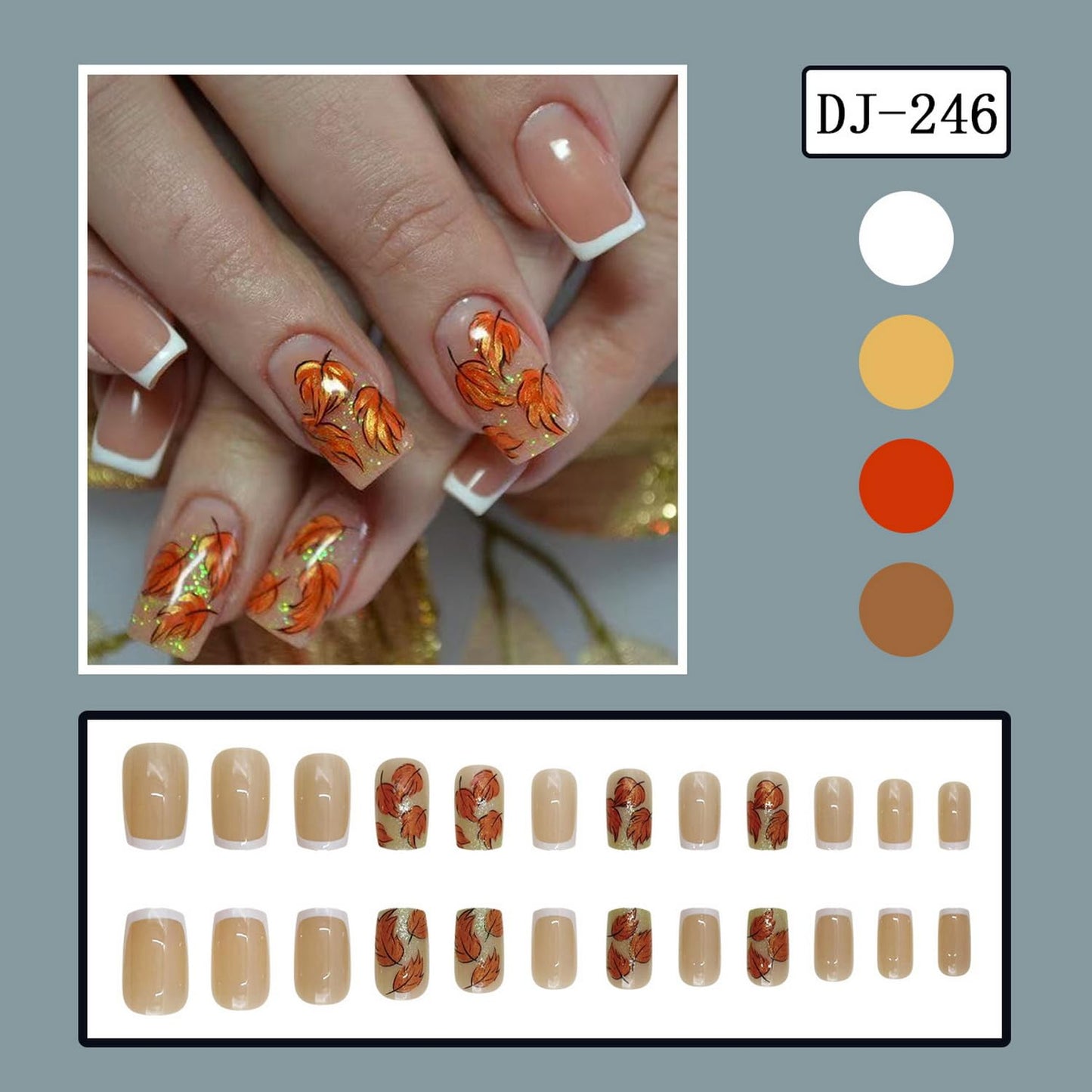 Fall Press on Nail White French Tip Fake Nails with Maple Leave designs Autumn False Nails Full Cover Glitter Acrylic Stick on Nail Simple Thanksgiving Glue on Nails for Women Girls Manicure Decor