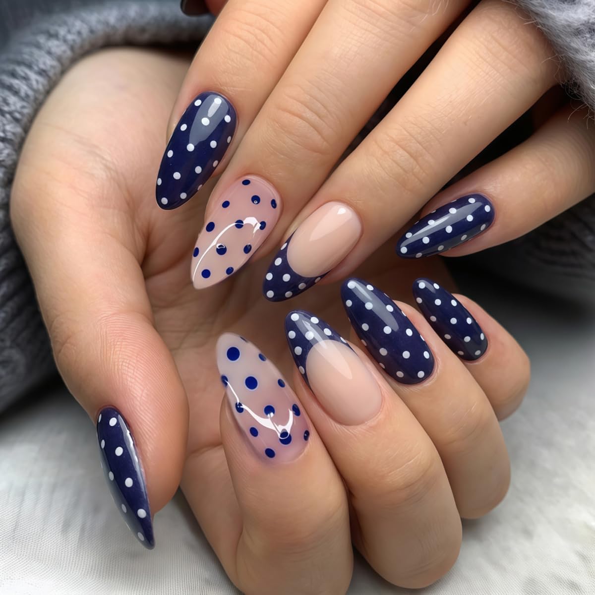 Medium Almond Press on Nails 5D Flower Nails Press on with Gold Line & White Marble Design Rhinestones Fake Nails Reusable Glossy Glue on Nail Full Cover Stick on Nails for Women Manicure 24Pcs