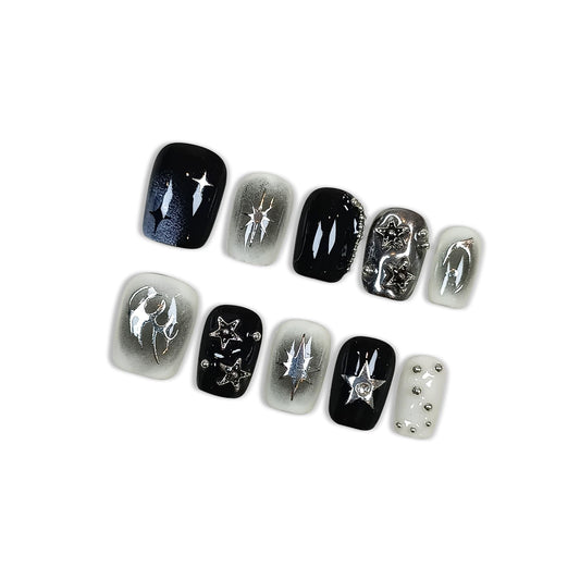 Hantyer Short Square Press On Nails, Handmade Soft Gel Dark Glam Metallic Fake Nails with Silver 3D Stars & Sculptural Accents, Grunge Inspired Reusable False Nails 10PCS Kit (Size S)