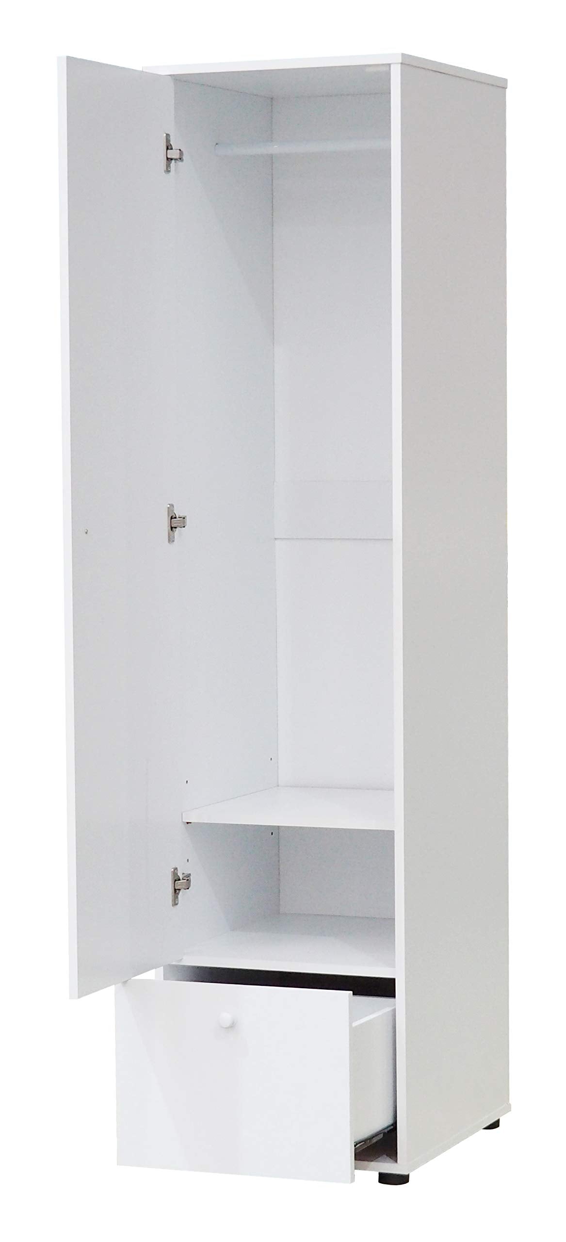 KB Designs Wardrobe Armoire Hanging Storage Closet with Garment Rod, Adjustable Shelf and Drawer, Compact Freestanding Bedroom Organizer Cabinet with Drawer Storage Unit, White
