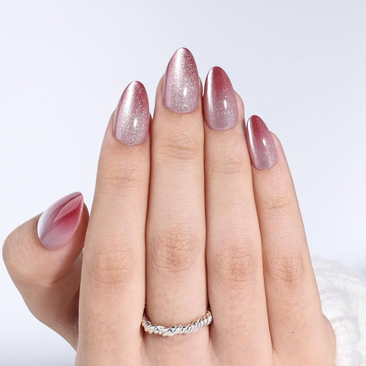 Leefrei Cat Eye Press On Nails Short Almond - Soft Red White Gradient Shimmer Nails Press ons, Reusable Glue On Nails for Women, 16 Sizes 32 Pieces Nail Kit with Glue, Rose Catseye Fade