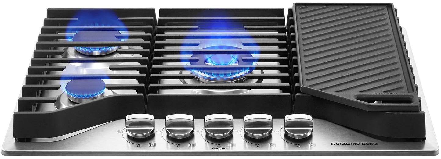 GASLAND Master 30 Inch Heavy Duty Gas Cooktop with Griddle PRO GH3805SS1FC with 5 Burners, CSA certified, 120V Plug-in, NG/LPG Convertible