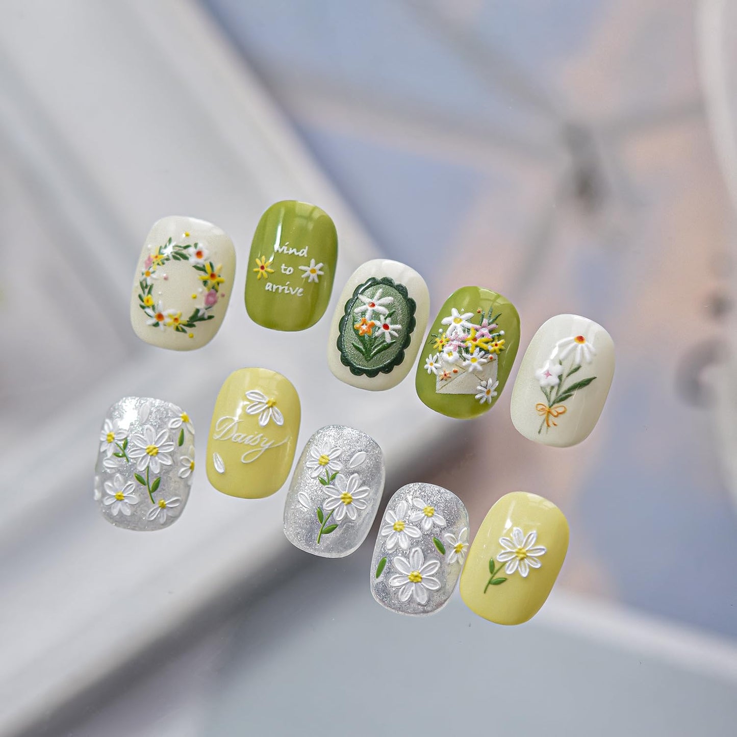 3D Embossed Daisy Nail Stickers Spring Summer - Green Oil Painting Floral Design, Self-Adhesive Nail Art Decals for Women, DIY Manicure Supplies 1 Sheet