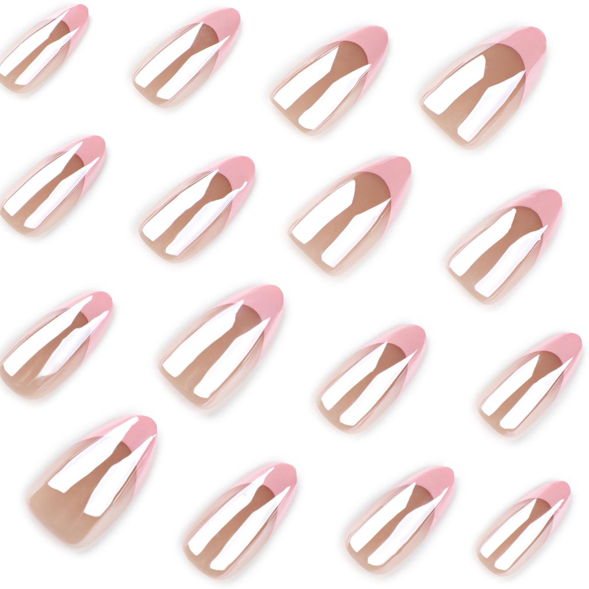 IMSOHOT Chrome Press on Nails Medium Almond Fake Nails Acrylic Pink French Tips False Nails Full Cover Glossy Nude Glue on Nails for Women 24Pcs