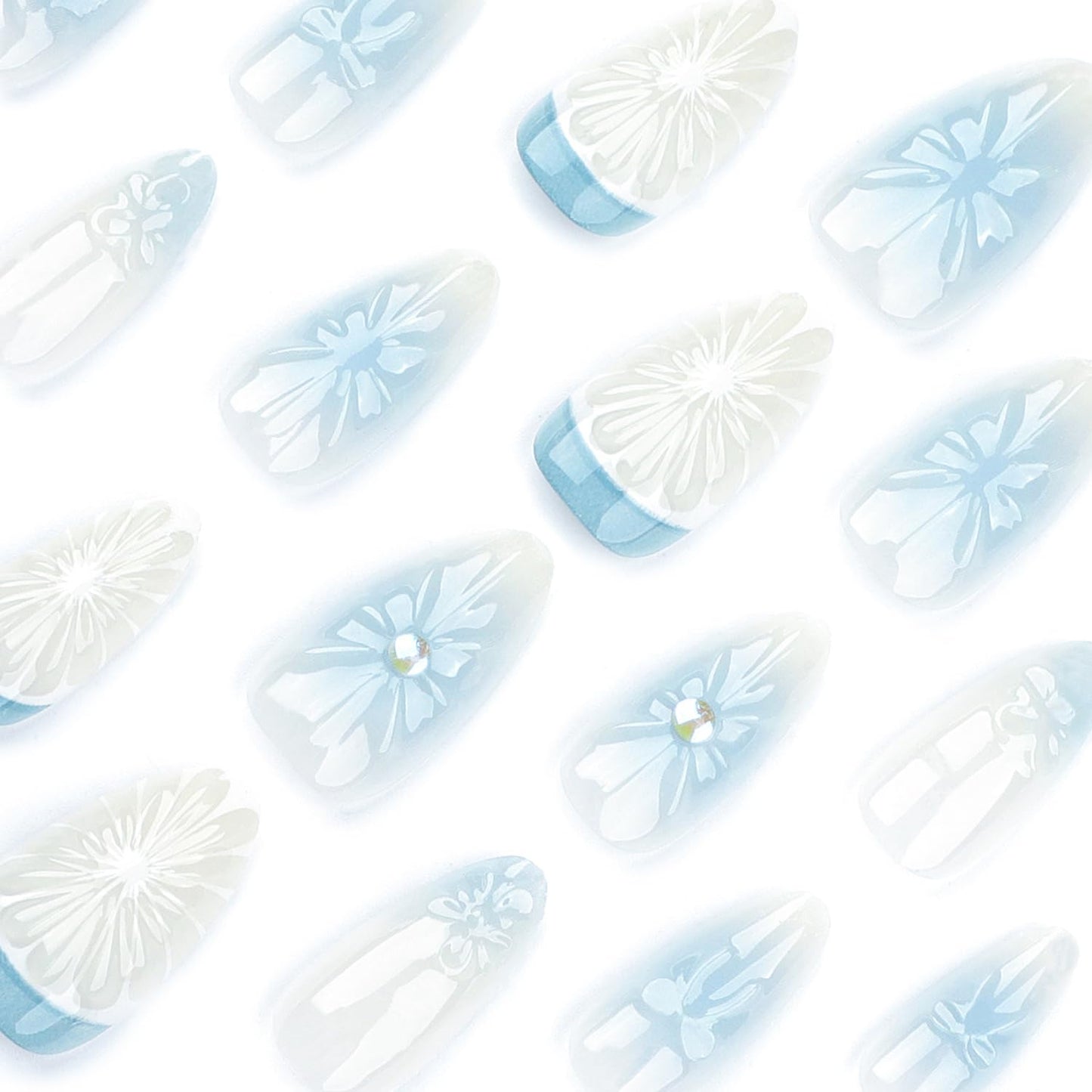 RIICFDD Press on Nails Short Fake Nails Almond False Nails Blue Ombre Nails Press ons Bow Lemon Stick on Nails Rhinestone Nail Charms Full Cover Glossy Glue on Nails for Women Nail Art 24 Pcs