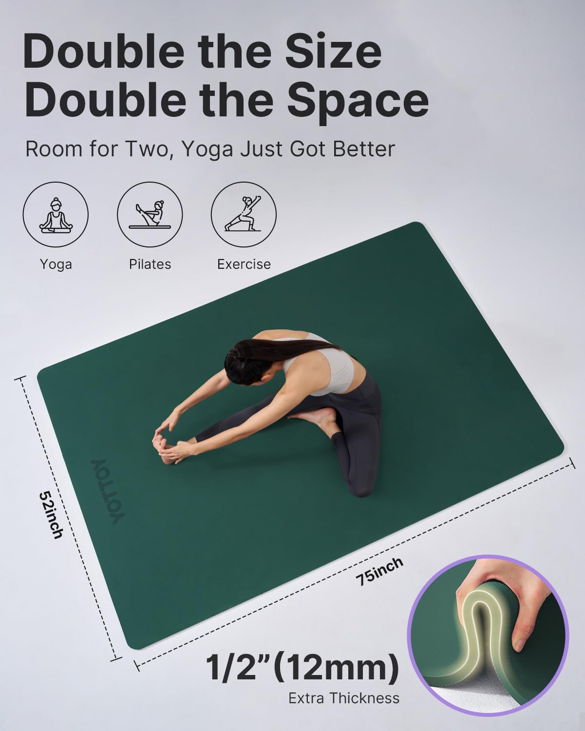 YOTTOY Large Yoga Mat (75 * 52 * 1/2inch),Extra Wide TPE Exercise Mat,Non-Slip Workout Mat for Pilates, Fitness, Barefoot, Home Gym Studio with Strap and Towel