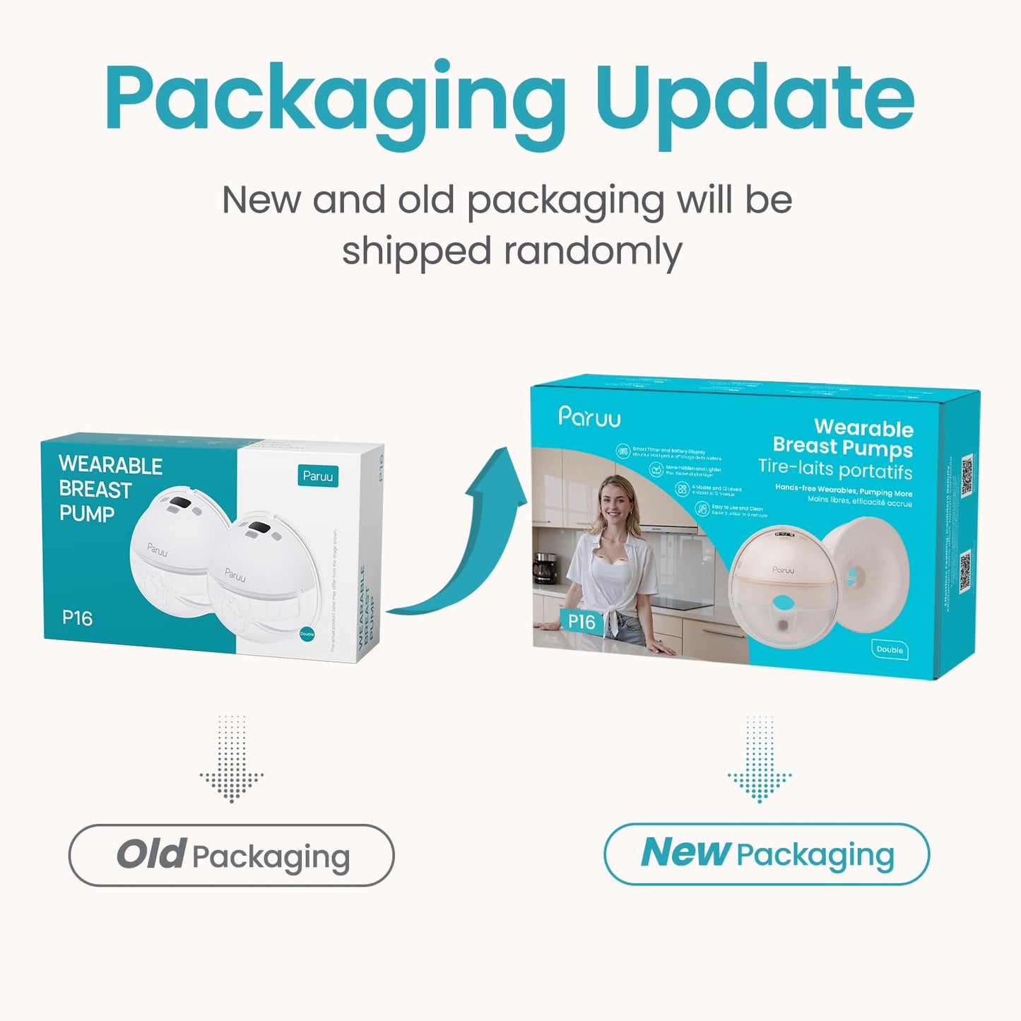 Paruu Hands Free Breast Pump P16, Wearable Breast Pump Electirc Portable with 4 Modes & 12 Levels, Max 309mmHg Strong Suction 19/21/24mm Flange Inserts Wearable Breastfeeding Pump, 2 Pack（Nude