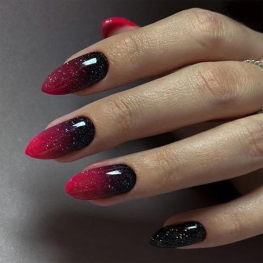 Red Press on Nails Almond Short Fake Nails with Designs Ombre Red Black False Nails Press ons Glossy Full Cover Acrylic Glue on Nails Cute Artificial Stick on Nail for Women Manicure 24Pcs