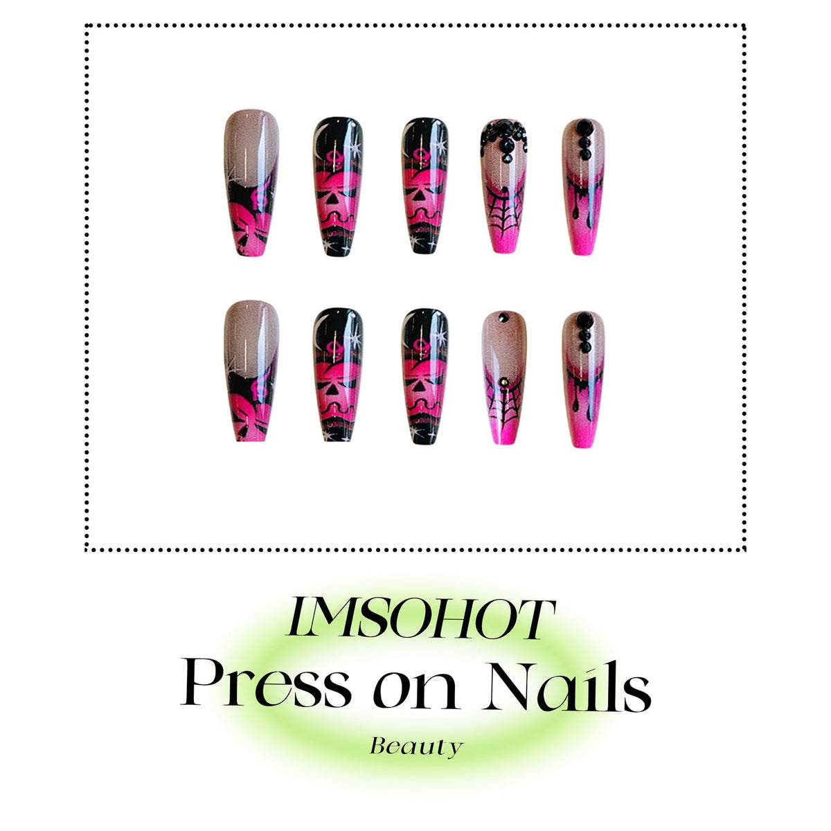 IMSOHOT Halloween Long Coffin Press on Nails, Pink Black with Spider Web & Pumpkin Acrylic Nails, 24PCS
