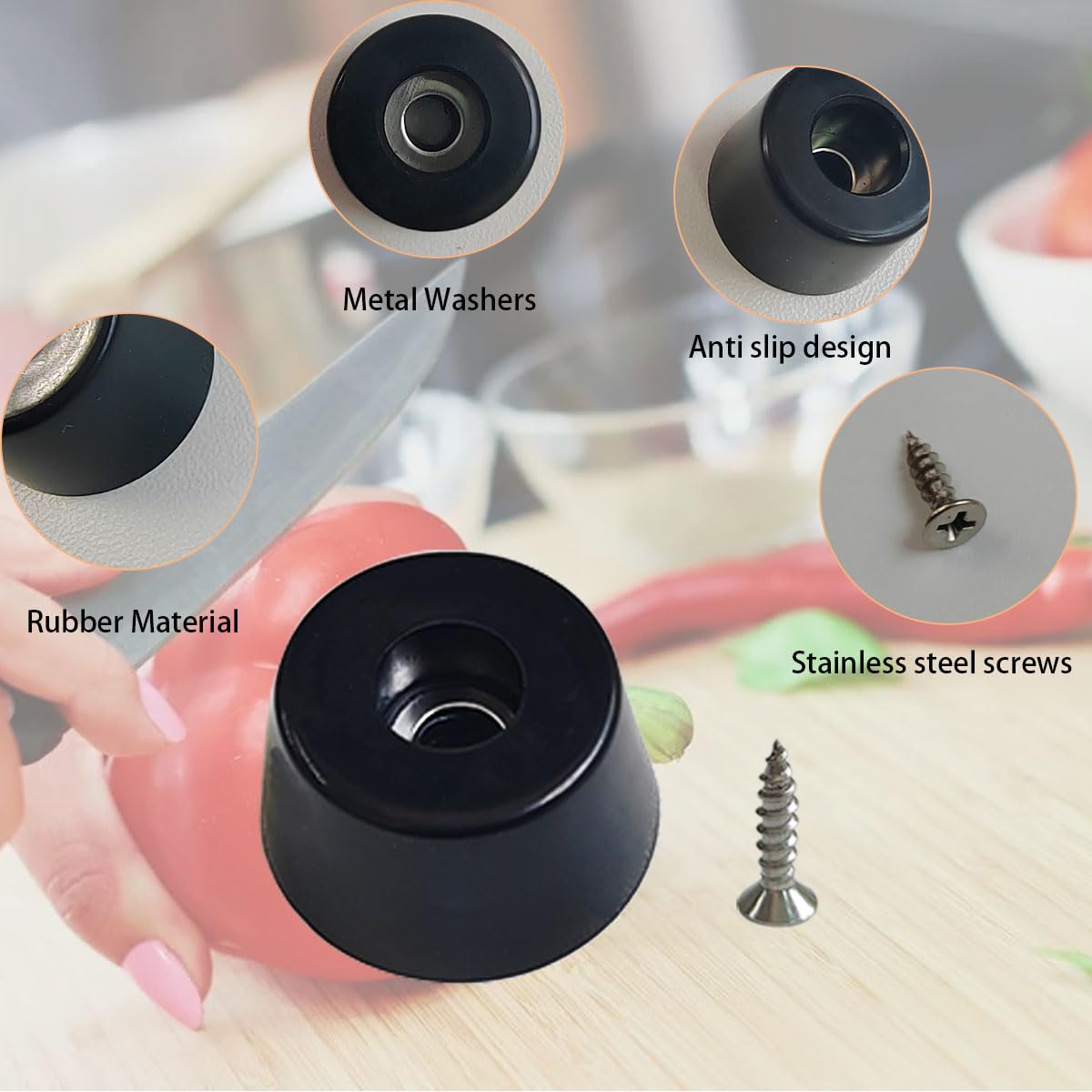 ZYYC 20 PCS Black Rubber Feet with Stainless Screws, Non Slip Rubber Bumper for Cutting Board (0.51" H x 1"" D)"