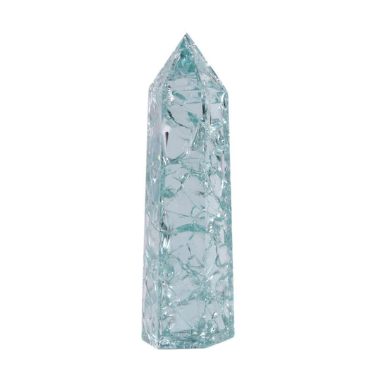 Synthetic Crackle Aqua Glass Crystal Hexagonal Pointed Tower Reiki Chakra Faceted Prism Wand Stone Home Decor