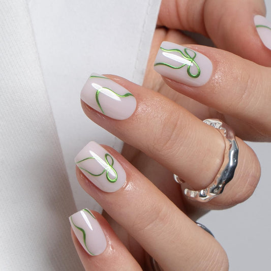CurvLife Press on Nails Short Square Acrylic Fake Nails with Apricot Design Full Cover False Nails Glossy Nude Glue on Nails Artificial Stick on Nails for Women (Ribbon Glow)