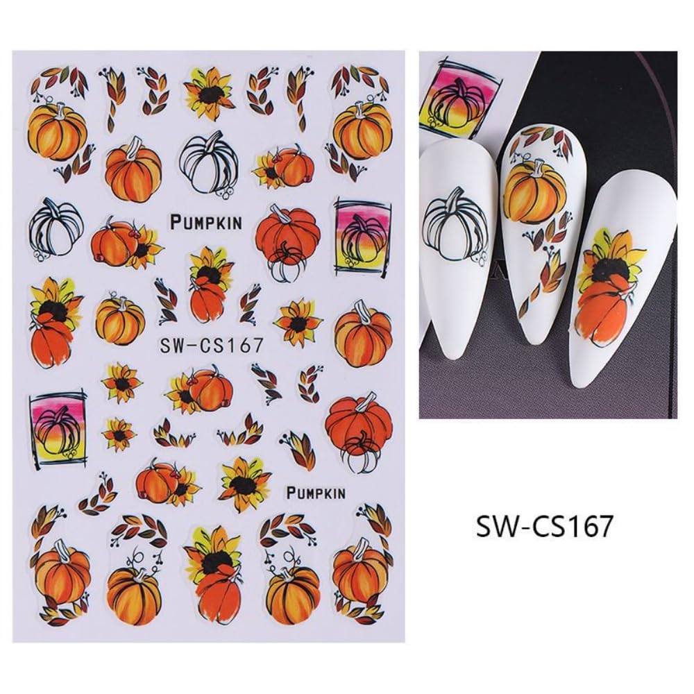 Fall Nail Stickers Pumpkin Maple Leaves Nail Art Stickers 3D Self Adhesive Orange Yellow Leaf Nail Art Supplies Autumn Nail Design Flower Nail Decals for Women 6 Sheets