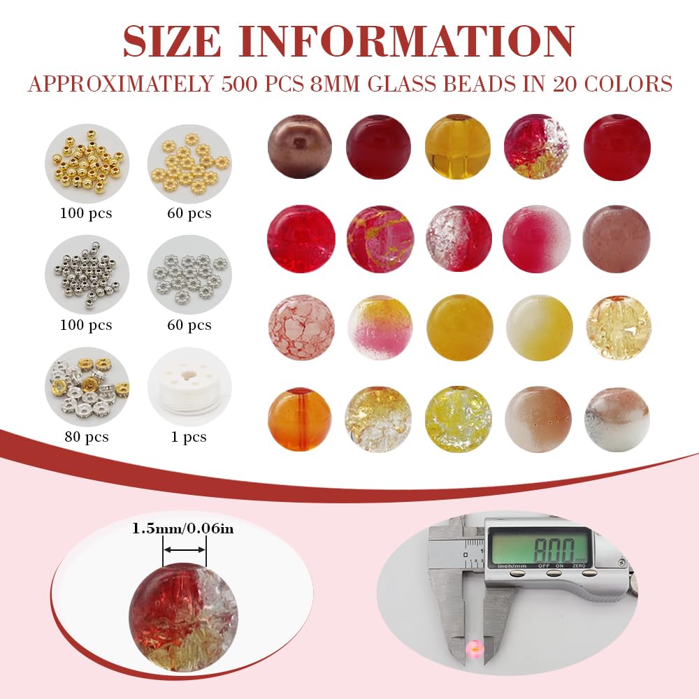 DIPSEOI 8mm Glass Beads for Bracelet Kit - 900 Pcs Jewelry Making Kits Bead DIY with Spacer Charms (Brown Red Orange Yellow Series)