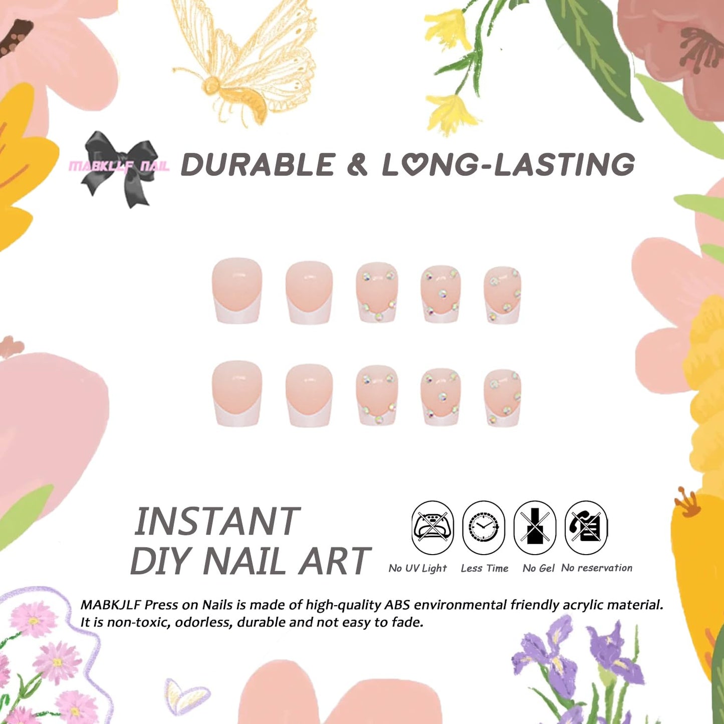 Press on Nails Extra Short Square MABKJLF French Tip Fake Nails Full Cover Glue on Nails Rhinestones False Nails White Acrylic Press on Nails Stick on Nails Artificial Nails for Women Girls 24 Pcs