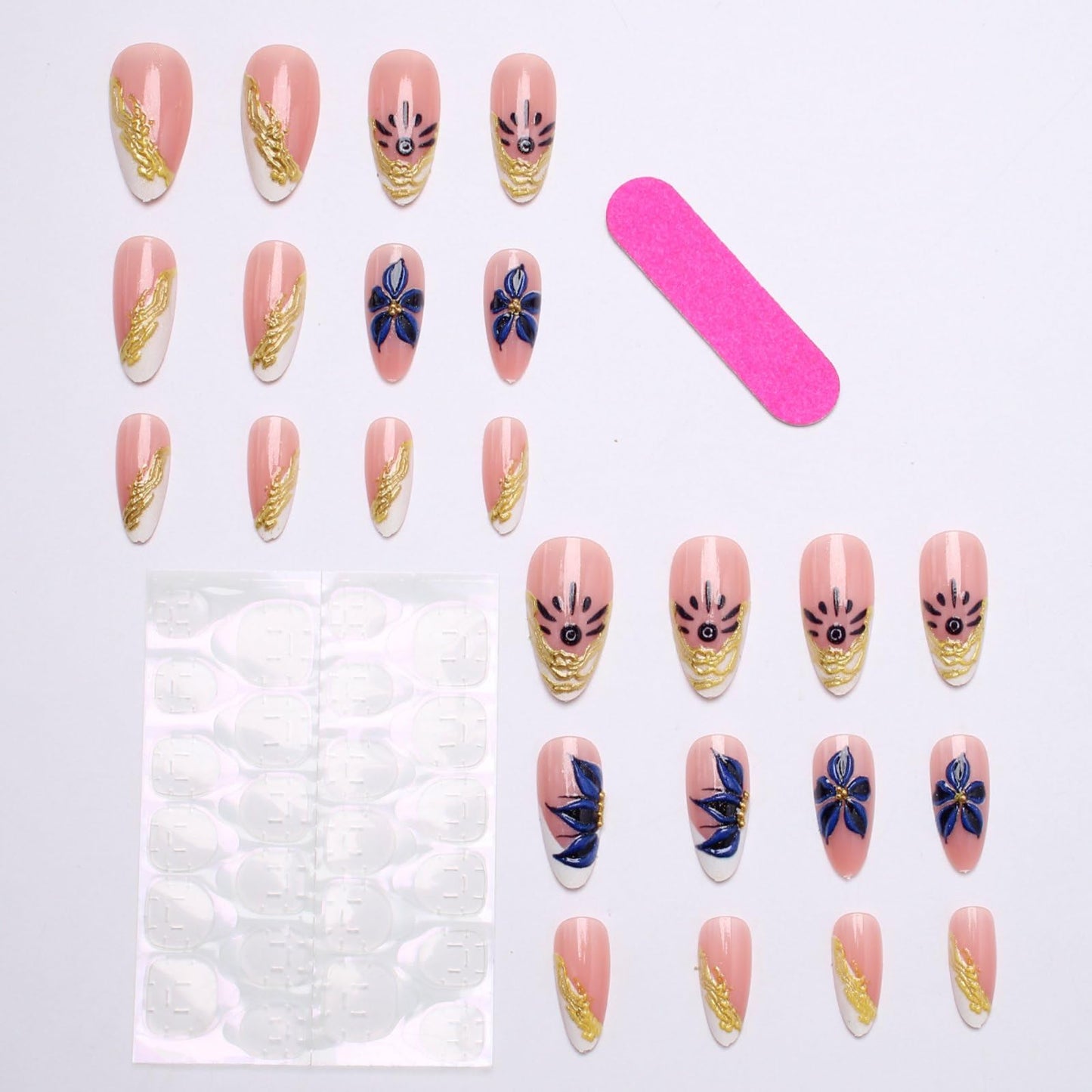 Spring Flowers Press on Nails French Almond Medium Length Fake Nails 3D Blue Camellia Flower with Gold Beads Pattern Design Glue on Nails Spring Summer Full Cover Floral Stick on Nails for Women