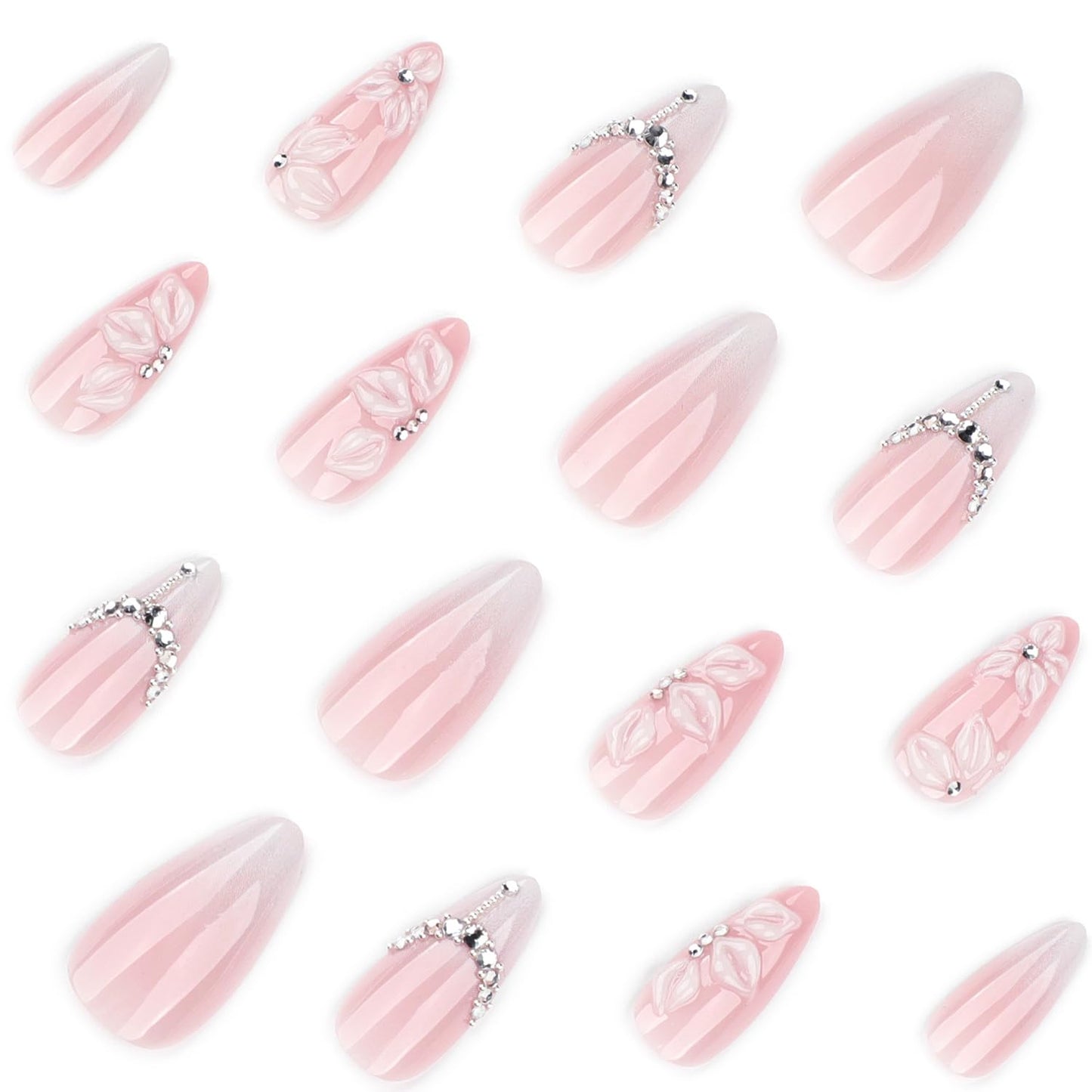 White Embossed Flower Press On Nails Almond Medium Fake Nails With Rhinestone Chain Design French Nail Press Ons Pink Glossy False Nails Spring Acrylic Nails For Women