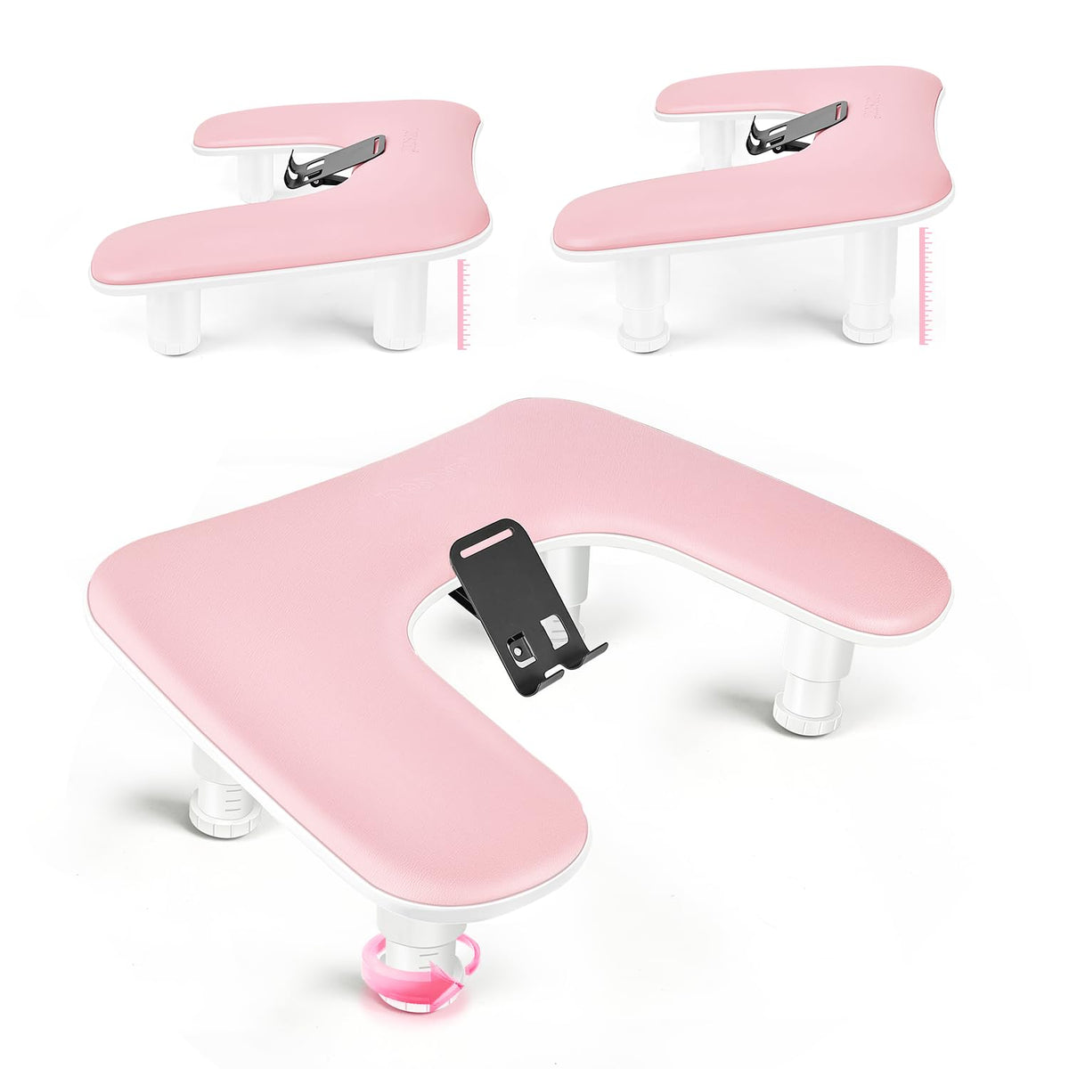 JODSONE Pink U-Shaped Manicure Arm Rest for Nails Tech with Rotating 360°Built-In Phone Holder and Adjustable Nail Arm Rest Detachable Manicure Hand Rest for Salon Design
