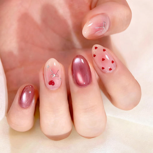 Pink Medium Almond Press on Nails - Cat Eye Fake Nails with Heart | Silver Bow Designs False Nails Glitter Glue on Nails Reusable Full Cover Stick on Nails for Women Manicure 24Pcs